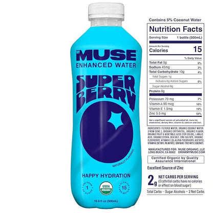 MyMuse Organic Enhanced Flavored Water, Super Berry, 16.9 Fl Oz Bottle (12 pack), 1G of Sugar, Immune Support with Zinc & ...