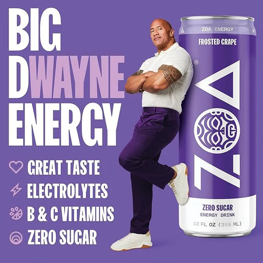 ZOA Zero Sugar Energy Drinks, Frosted Grape - Sugar Free with Electrolytes, Healthy Vitamin C, Amino Acids, Essential B-Vi...