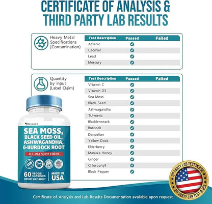 Sea Moss 3000mg Ashwagandha 1000mg Black 2000mg Turmeric 1000mg Burdock 1000mg Bladderwrack 1000mg & D3 Elderberry 60 Caps...