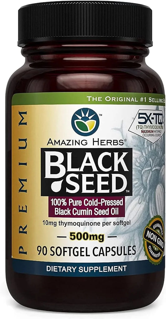 Amazing Herbs Premium Black Seed Oil Capsules - Cold Pressed Nigella Sativa Aids in Digestive Health, Immune Support, Brai...