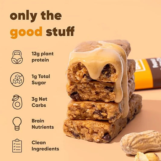 IQBAR Brain and Body Plant Protein Bars - Peanut Butter Chip - 12 Count, Low Carb, High Fiber, Gluten Free, Vegan Snacks -...