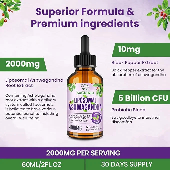 Liposomal Ashwagandha Liquid Drops 2000mg, Ashwagandha (7% Withanolides) 2 FL.OZ (1 Bottle)