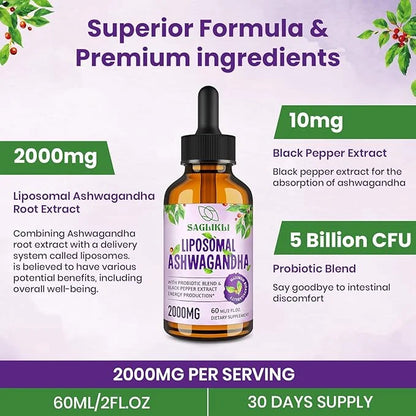 Liposomal Ashwagandha Liquid Drops 2000mg, Ashwagandha (7% Withanolides) 2 FL.OZ (1 Bottle)