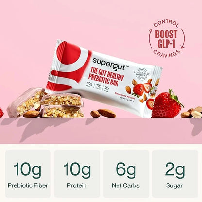 Supergut GLP-1 Boosting Prebiotic Bars, Strawberry Almond - Gut Healthy Protein Snacks & Breakfast Bars - Keto-Friendly Me...