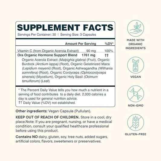 Ora Organic Natural Hormone Balance Supplement & Hormonal Acne Relief for Women - Support Skin, Mood, Energy, PMS & Menopa...