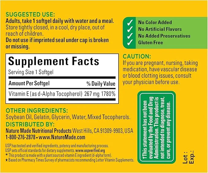 Nature Made Vitamin E 267 mg (400 IU) 100 Softgels, 100 Day