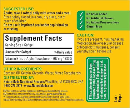 Nature Made Vitamin E 267 mg (400 IU) 100 Softgels, 100 Day