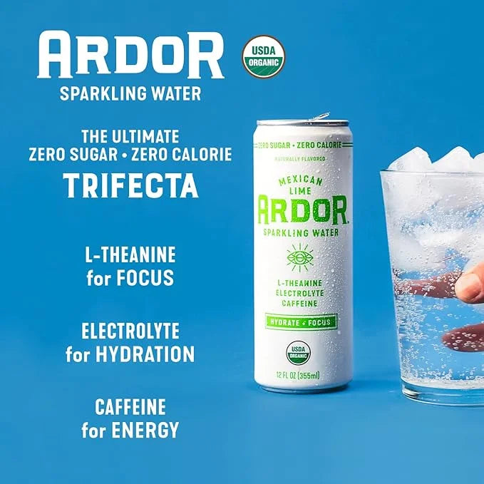 ARDOR ENERGY Sparkling Water TROPICAL variety 12 pack with 100mg Organic Caffeine from Green Tea & 200mg Organic L-Theanin...