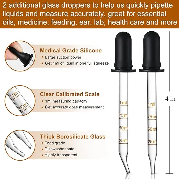 4 Pack, 1 oz Amber Glass Dropper Bottles Plus 2pcs Graduated Calibrated Glass Pipettes (1ml)- 30ml Dark Brown Tincture Bot...