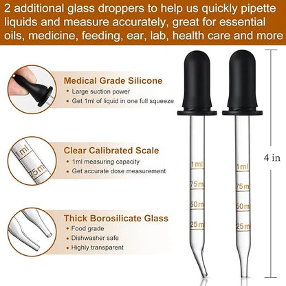 4 Pack, 1 oz Amber Glass Dropper Bottles Plus 2pcs Graduated Calibrated Glass Pipettes (1ml)- 30ml Dark Brown Tincture Bot...