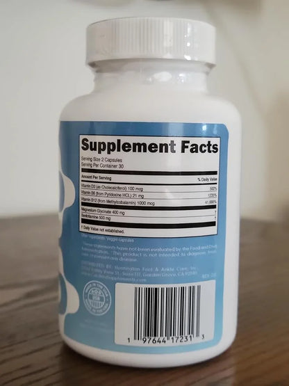 Magnesium Glycinate Supplement with Benfotiamine B6 B12 B12 & D3-60 Capsules