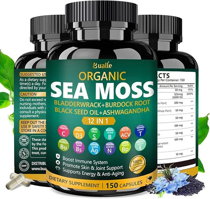 Organic Sea Moss Capsules with Sea Moss,Black Seed Oil,Ashwagandha,Bladderwrack,Ginger,Burdock Root for Immune System,Skin...