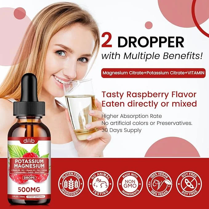 Potassium Magnesium Citrate Supplement, Liquid Magnesium Citrate Drops 500mg with Ashwagandha, Calcium, Zinc, Vitamin D3, ...