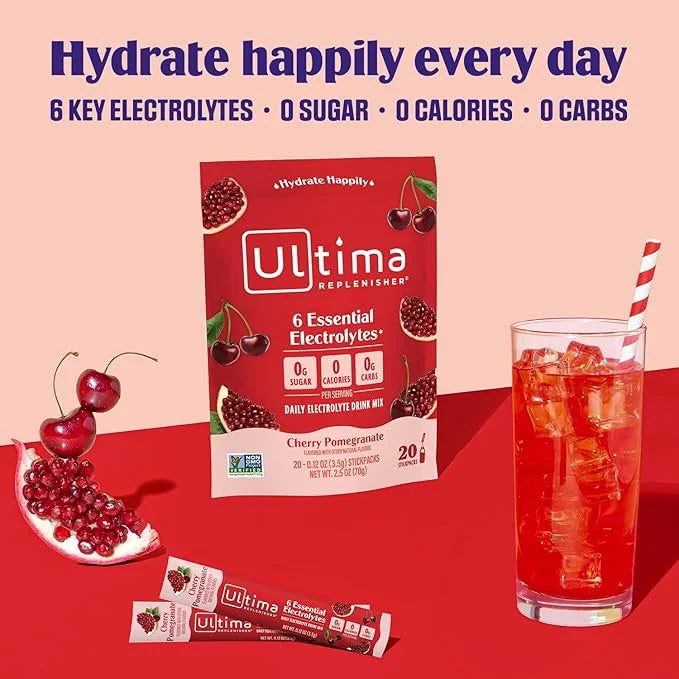 Ultima Replenisher Daily Electrolyte Powder Drink Mix – Cherry Pomegranate, 20 Stickpacks – Hydration Packets with 6 Elect...