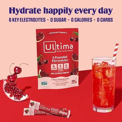 Ultima Replenisher Daily Electrolyte Powder Drink Mix – Cherry Pomegranate, 20 Stickpacks – Hydration Packets with 6 Elect...