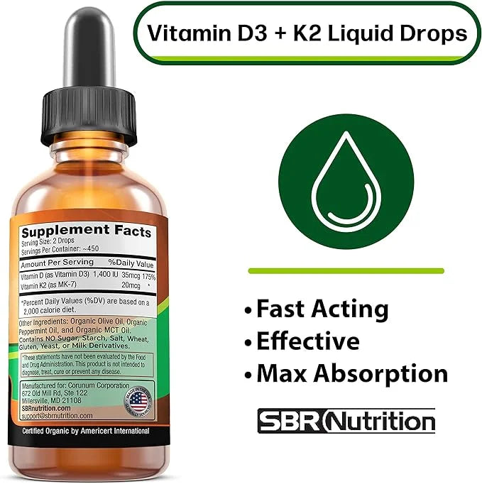 MAX Absorption, Vitamin D3 + K2 (MK-7) Liquid Drops with MCT Oil, Peppermint Flavor, Helps Support Strong Bones and Health...