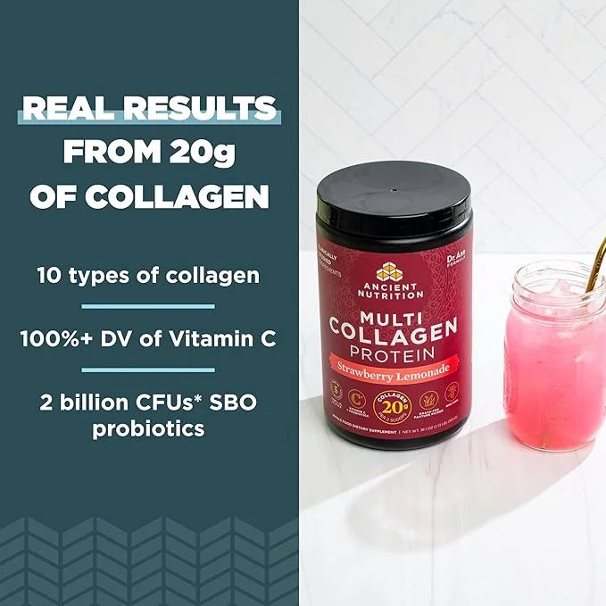Ancient Nutrition Collagen Powder Protein, Multi Collagen Protein Powder, Strawberry Lemonade, 24 Servings, w/Vitamin C, H...