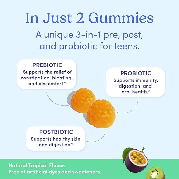 FIRST DAY Teens’ Gut Sustainer Tribiotic Gummies – 3-in-1 Prebiotic, Probiotic & Postbiotic Supplement – Supports Digestiv...