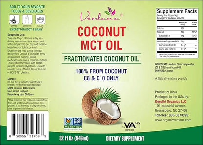 Verdana MCT Oil, Fractionated, Genuine 100% Coconut Derived, Kosher Food Grade, Vegan, Non-GMO, Great for Keto and Paleo D...