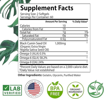 Organic High Potency Turkish Black Seed Oil Capsules, Cold Pressed, High TQ, 2 Month Supply, Non-GMO Black Cumin Nigella S...