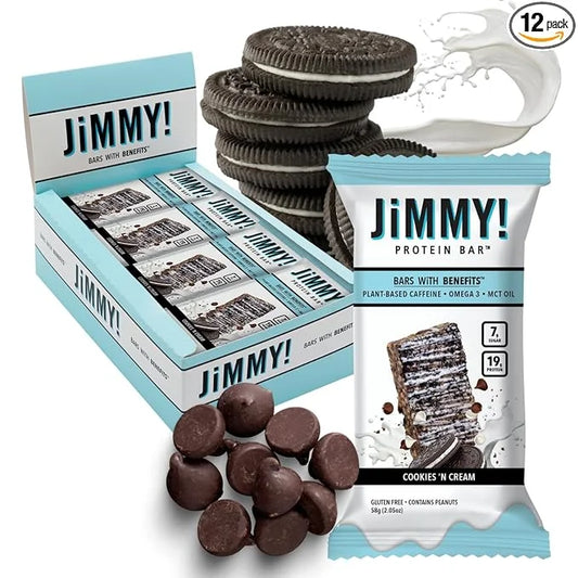 JiMMY'S! Functional Protein Bar - Cookies and Cream -12 Count - 18g Protein with Caffeine, Omega 3 and MCT Oils - Low Suga...