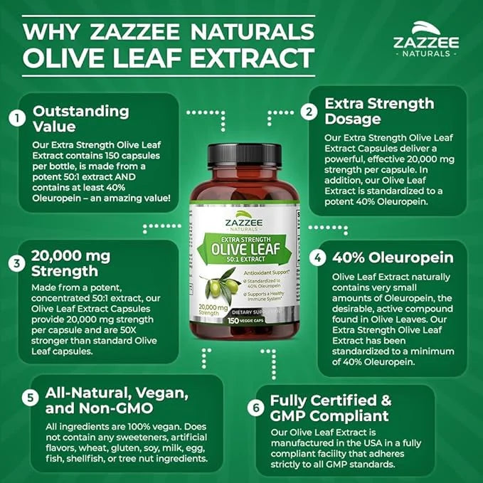 Zazzee Extra Strength Olive Leaf 50:1 20,000 mg 40% Oleuropein, 150 Vegan 5 Month 50X Extract, 100% Vegetarian,