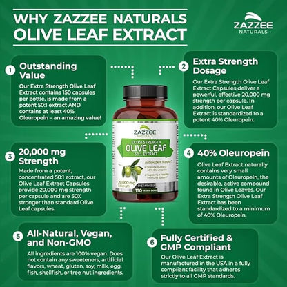 Zazzee Extra Strength Olive Leaf 50:1 20,000 mg 40% Oleuropein, 150 Vegan 5 Month 50X Extract, 100% Vegetarian,