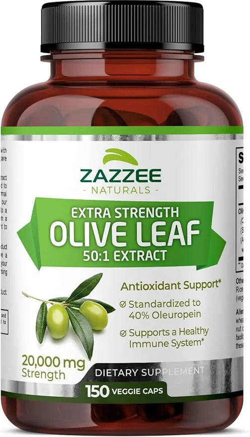 Zazzee Extra Strength Olive Leaf 50:1 20,000 mg 40% Oleuropein, 150 Vegan 5 Month 50X Extract, 100% Vegetarian,
