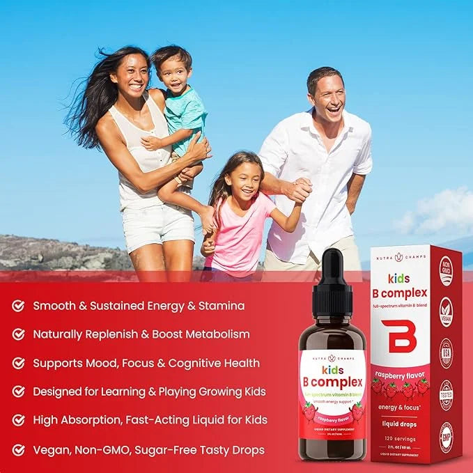 NutraChamps Vitamin B Complex for Kids, B1, B2, B3, B6, B7, B9 & Methyl B12, Kids B Complex Liquid Drops Supplement, Energ...