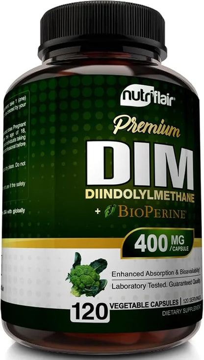 NutriFlair DIM Supplement 400mg with Bioperine, 120 Capsules - Diindolylmethane - Estrogen Metabolism Support & Hormone Ba...