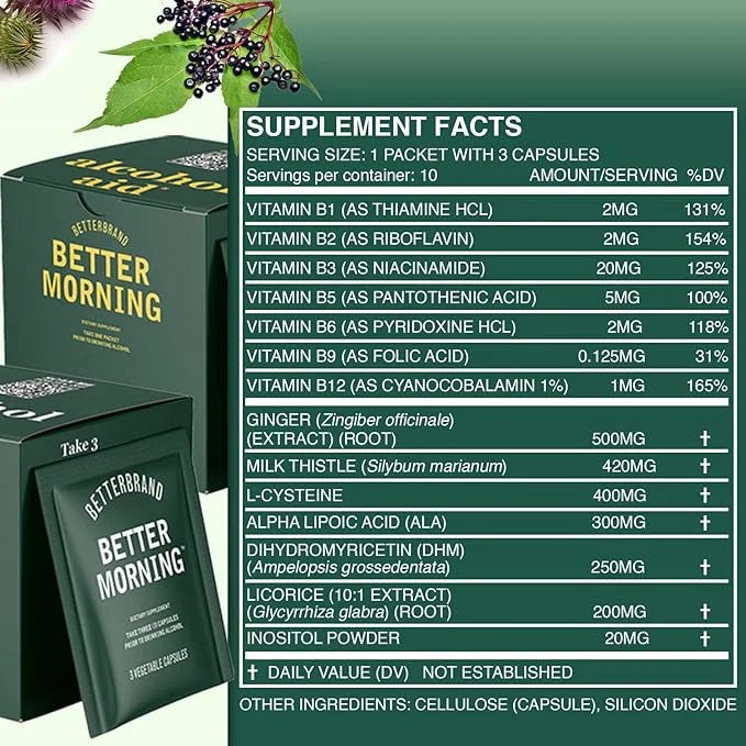 Betterbrand BetterMorning All-Natural Ingredients Including DHM | Prevents Headaches & Nausea and Supports Liver Aid | Glu...