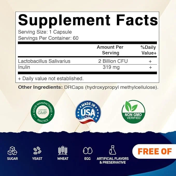 Vitamatic Lactobacillus Salivarius 2 Billion per DR Capsule - 60 Count - Digestive Support - Made with Prebiotic Inulin Fi...