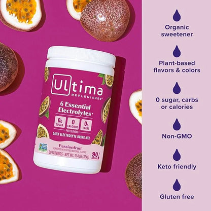 Ultima Replenisher Daily Electrolyte Powder Drink Mix – Passionfruit, 90 Servings – Hydration Powder with 6 Key Electrolyt...