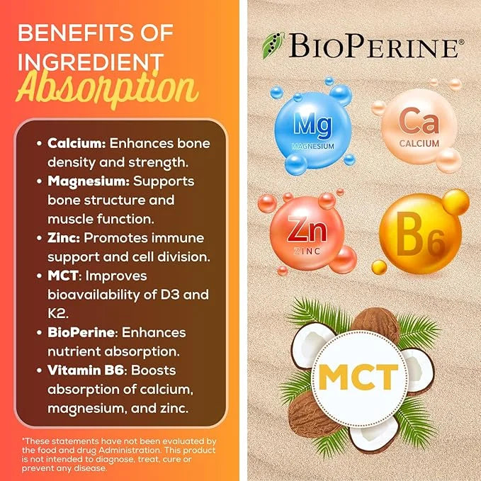 grow vitamin D3 K2 w/MCT Oil - 10,000 IU D3, 100 mcg K2 MK7, Calcium, Zinc, BioPerine, Magnesium for Superior Absorption -...