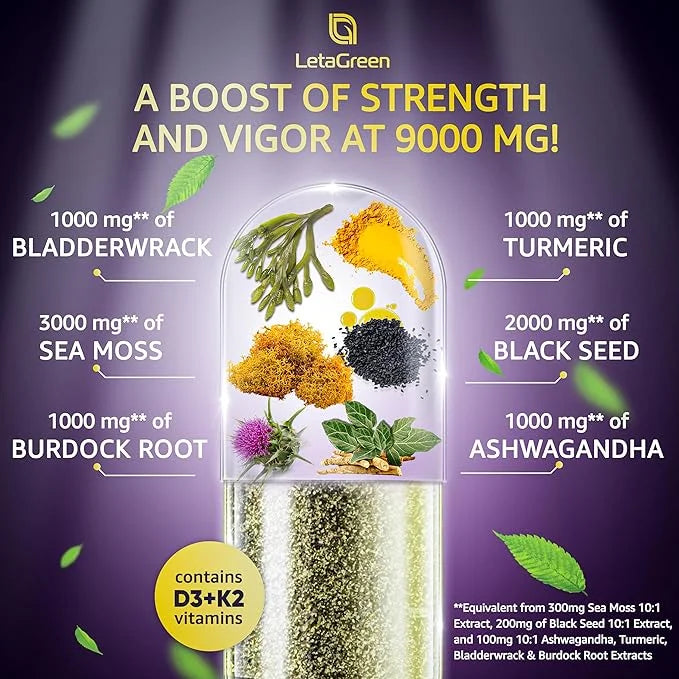 Sea Moss 3000mg Black Seed Oil 2000mg Ashwagandha 1000mg Bladderwrack 1000mg Burdock 1000mg Turmeric 1000mg & D3, K2 K2 wi...