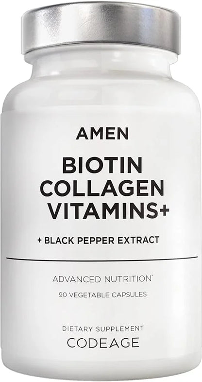 Amen Biotin Collagen Vitamins+ Advanced Hair, 10,000mcg Biotin, 3-Month Supply, 90 Capsules
