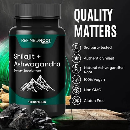 Shilajit Supplement 1000mg & Ashwagandha Supplements 500mg (180 (180 Capsules) (20% Fulvic