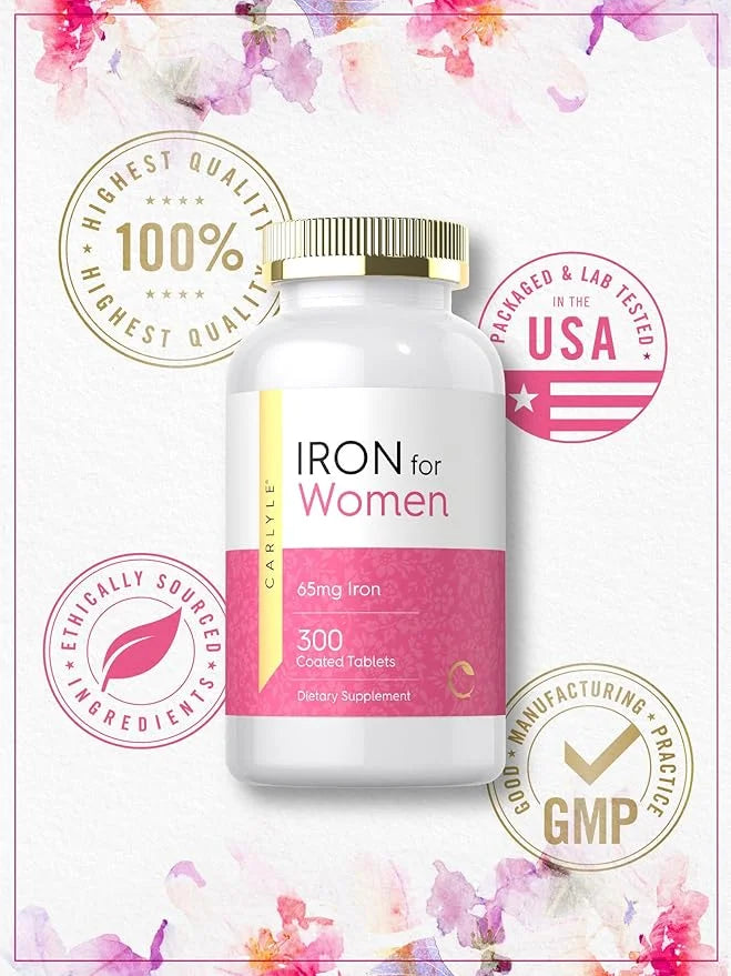 Carlyle Iron for Women 65mg | 300 Coated Tablets | Vegetarian, Non-GMO & Gluten Free Supplement - Product Image