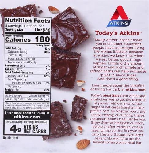 Atkins Double Fudge Brownie Protein Meal Bar, High Fiber, 15g Protein, 1g Sugar, 4g Net Carb, Meal Replacement, Keto Frien...