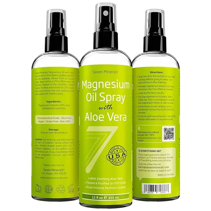 Seven Minerals, Magnesium Oil Spray with Aloe Vera - Less Itchy - Use as Magnesium Spray Deodorant - Made in USA - Get Hea...