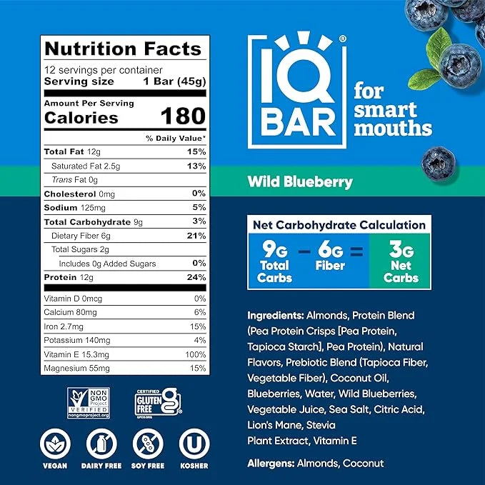 IQBAR Brain and Body Plant Protein Bars - Wild Blueberry - 24-Count Low Carb - Gluten Free, High Fiber, Vegan Snacks - Low...