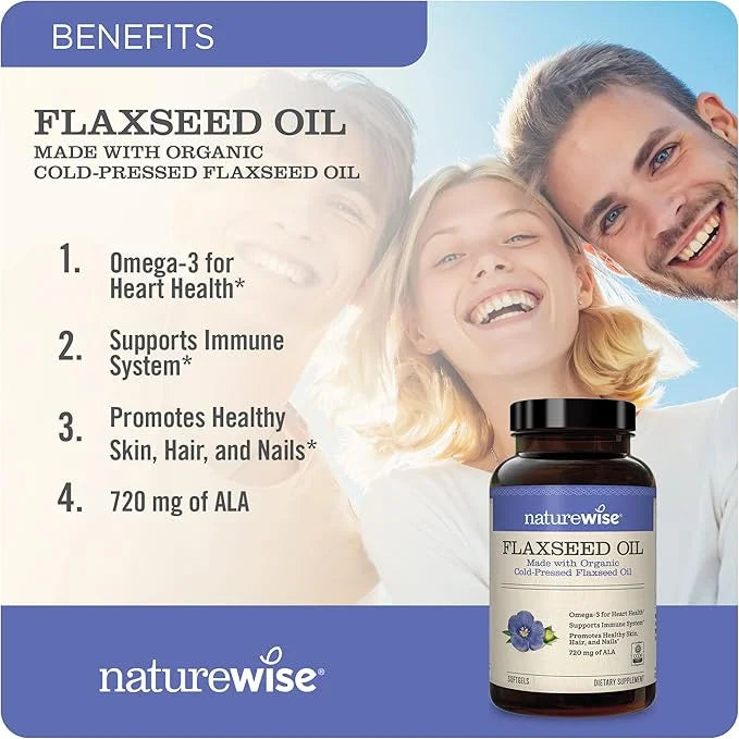 NatureWise Flaxseed Oil 1200mg Softgels 720mg ALA, 3 6 6 9, 9, Supplement 120 Softgels[2-Month Softgels[2-Month Supply]