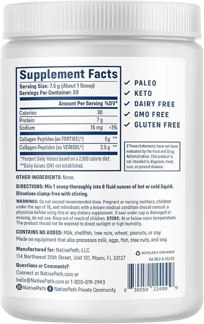 NativePath Joint Health Collagen Peptides, Type 1 & 3 Peptides, 7.9 Ounce, 30 Servings
