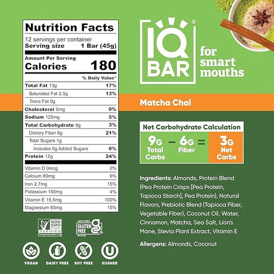 IQBAR Brain and Body Plant Protein Bars - Matcha Chai - 36-Count Low Carb - Gluten Free, High Fiber, Vegan Snacks - Low Su...
