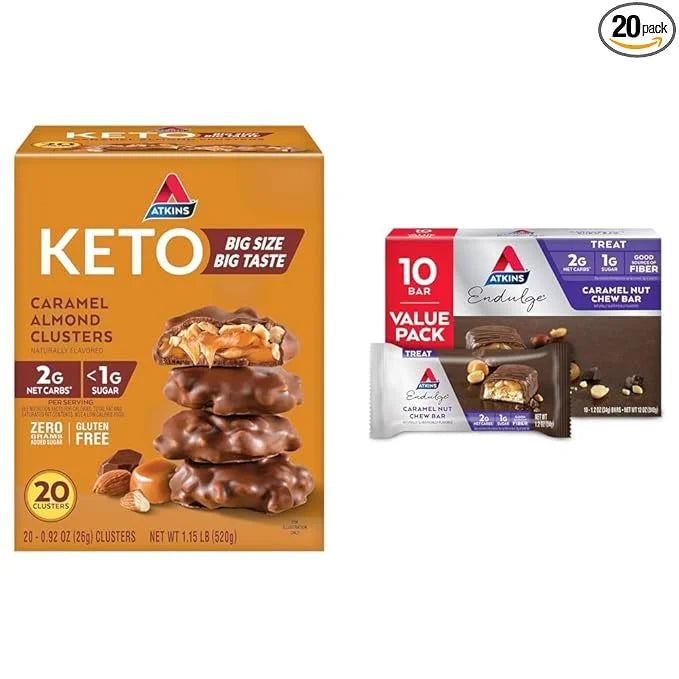 Atkins Caramel Almond Clusters, Gluten Free, High in Fiber, 1g Sugar, 2g Net Carb, 20 count & Endulge Caramel Nut Chew Bar...