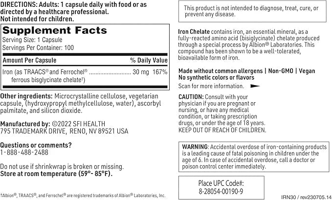 Klaire Labs Iron Bisglycinate Chelate Supplement - 30mg Ferrous Bisglycinate Chelate - Designed to be Well-Tolerated, Well...