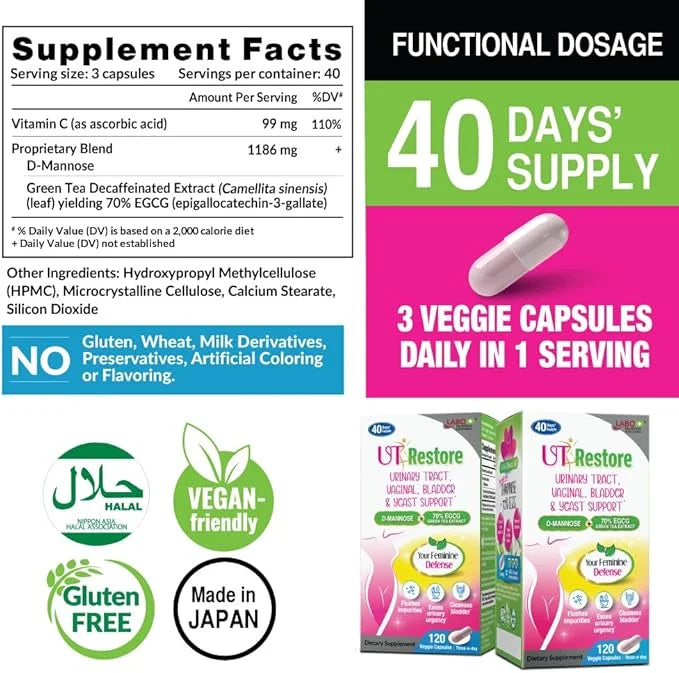 LABO Nutrition UTRestore D-Mannose & Green Tea Extract 70% EGCG, Urinary Tract Health for Women, Bladder Support with Vita...