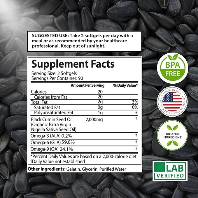 Mother Nature - Organic Black Seed Oil Capsules, Cold Pressed, 2% TQ, 100% Turkish-Black Cumin Nigella, Sativa Oil-3 Month...