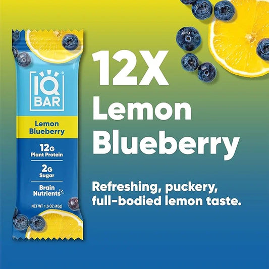 IQBAR Brain and Body Plant Protein Bars - Lemon Blueberry - 12-Count Low Carb - Gluten Free, High Fiber, Vegan Snacks - Lo...