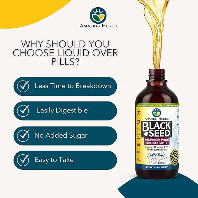 Amazing Herbs Premium Black Seed Oil - Cold Pressed Nigella Sativa Aids in Digestive Health, Immune Support, Brain Functio...